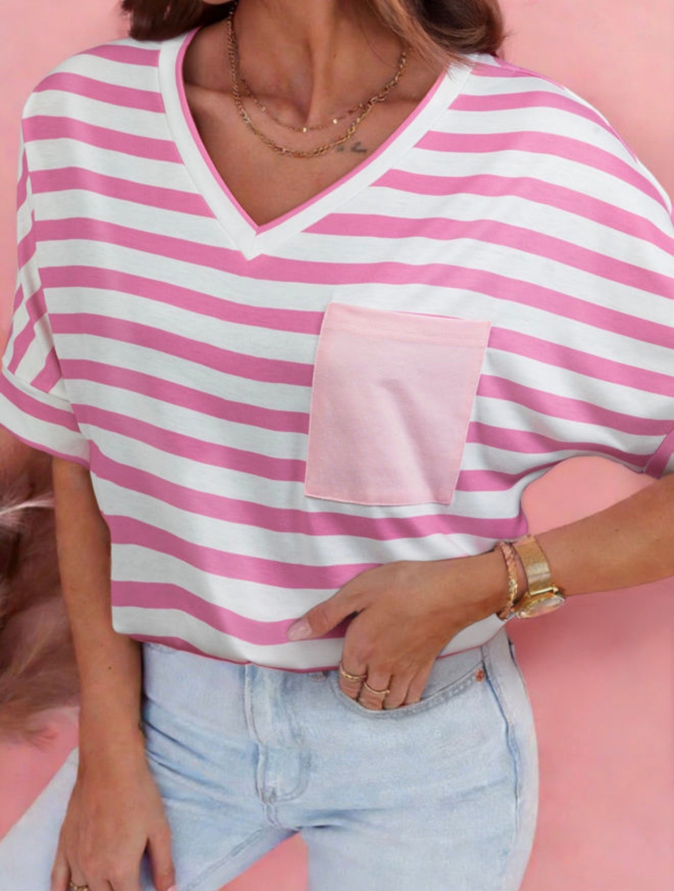 Pink Stripe Pocket V Neck π