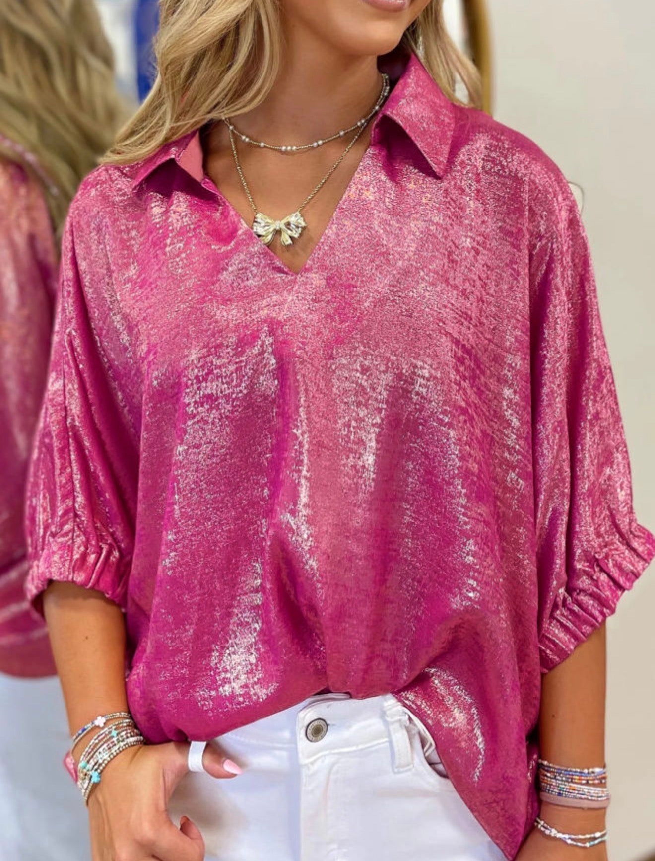Strawberry Pink Collared V Neck 🍓