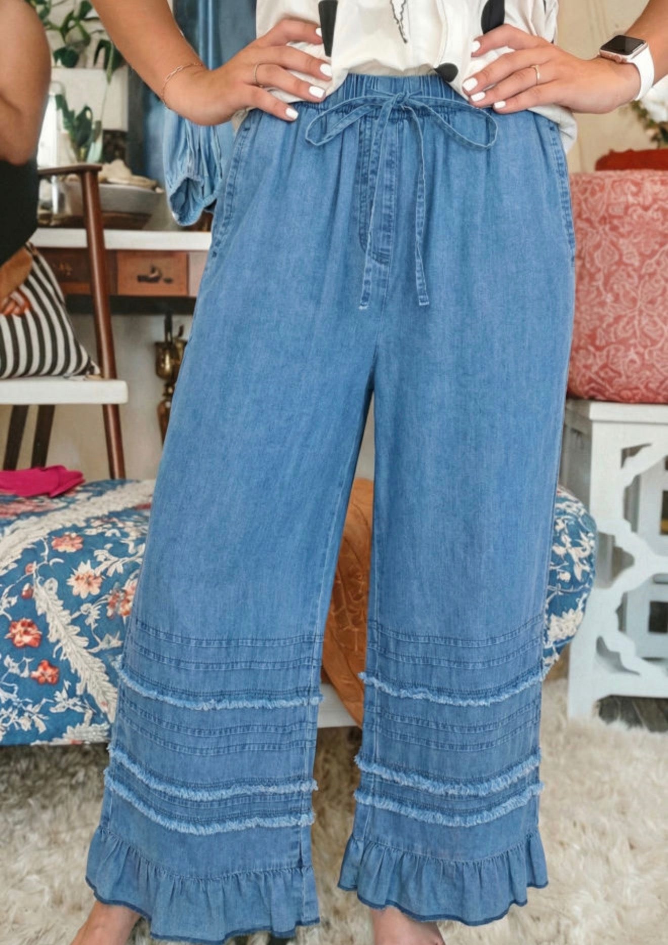 Ruffled Hem Wide Leg Pants